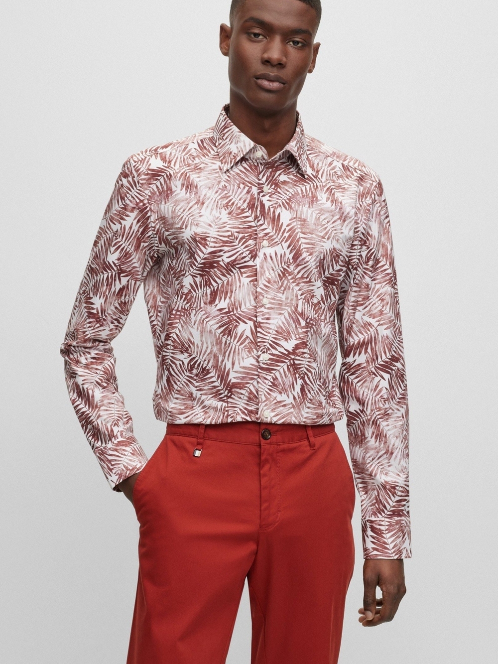 Hugo Boss Leaf Print Shirt Long Sleeve Cotton Luxury Resort Wear Smart Casual